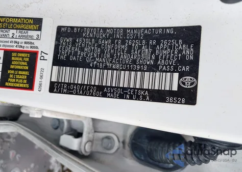 2012 Toyota Camry Se/Le/Xle z USA, uszkodzony, nr VIN 4T1BF1FK8CU113919